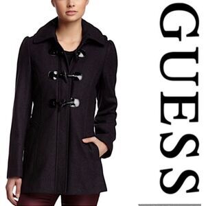 Guess Wool Blend Peacoat w/ Hidden Full Zip, Toggle & Patent Trim, M, Black